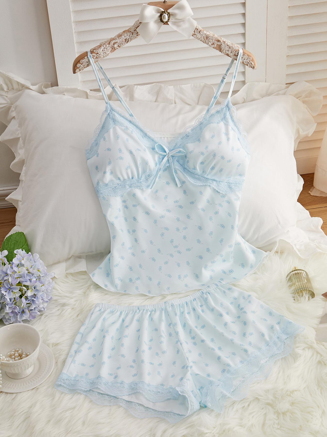Women's Ditsy Floral Print Lace Pyjama Two-Piece Set, Comfy Cami Top & Elastic Waist Shorts PJ Set, Women's Sleepwear for All Seasons