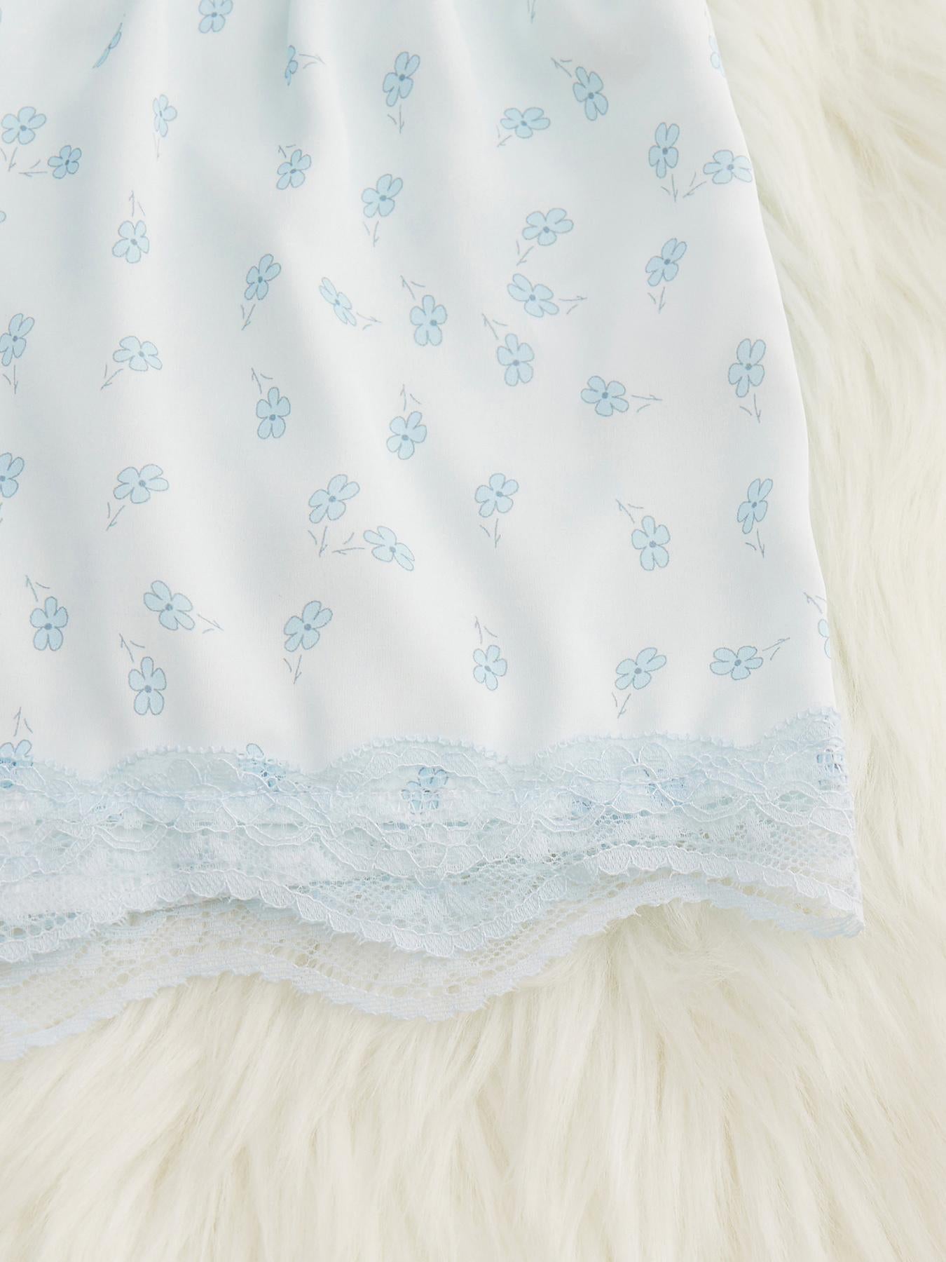 Women's Ditsy Floral Print Lace Pyjama Two-Piece Set, Comfy Cami Top & Elastic Waist Shorts PJ Set,  Women's Sleepwear for All Seasons